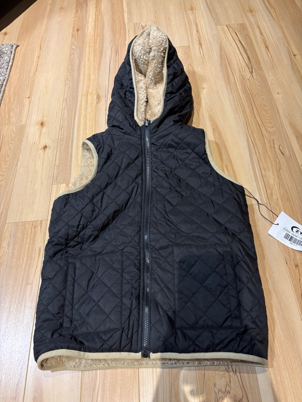 ZYIA Black Reversible Hooded Vest with Tan Sherpa Accent